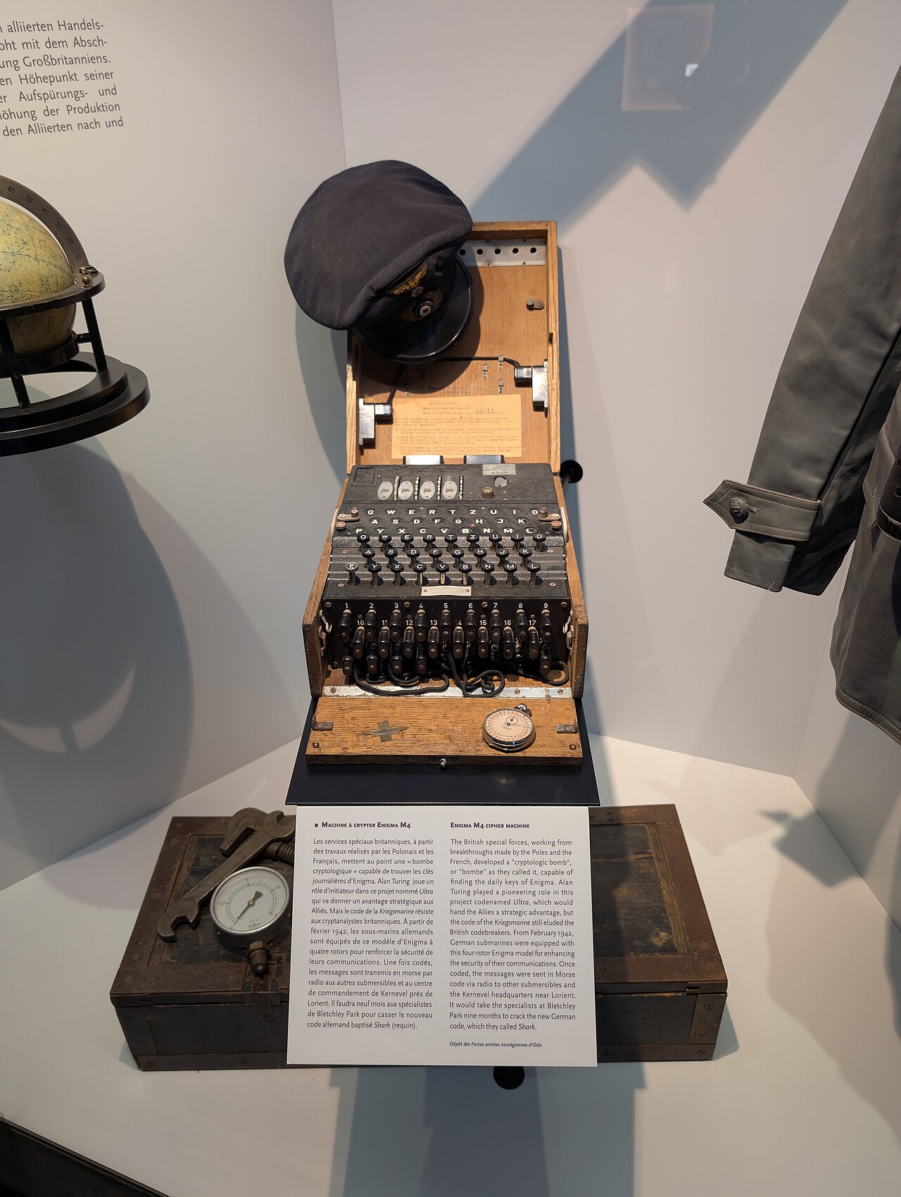 A four-wheel naval Enigma M4 at the Caen Memorial, photographed in 2025.
